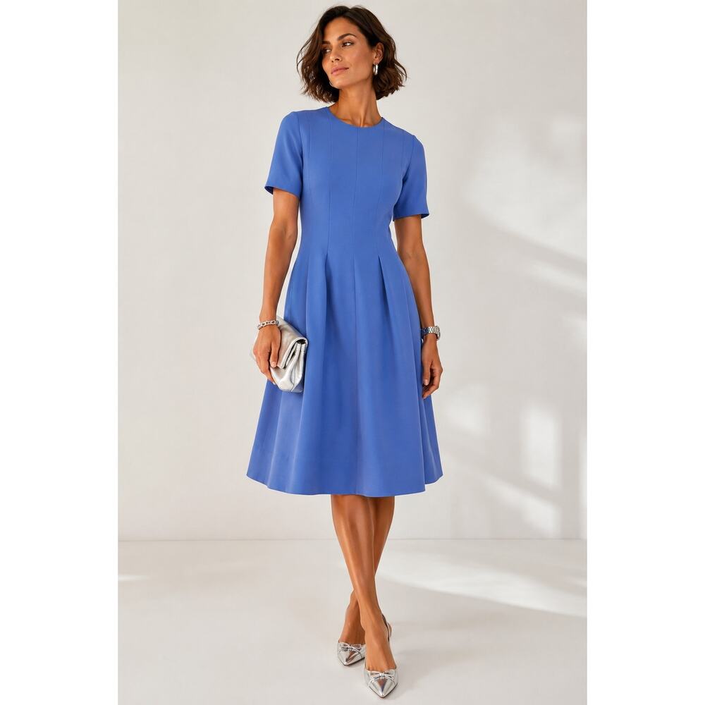 Lafayette 148 NY Wool Silk Fit and Flare Crepe Professional Dress 4 Blue Iris